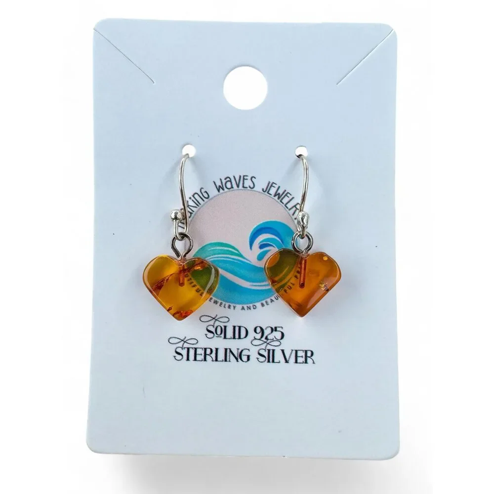 Heart Baltic Amber Solid 925 Sterling Silver Earrings